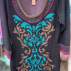 Flying Tomato Black and Blue Crew Neck Sweater Mini dress  with Ornate Pattern